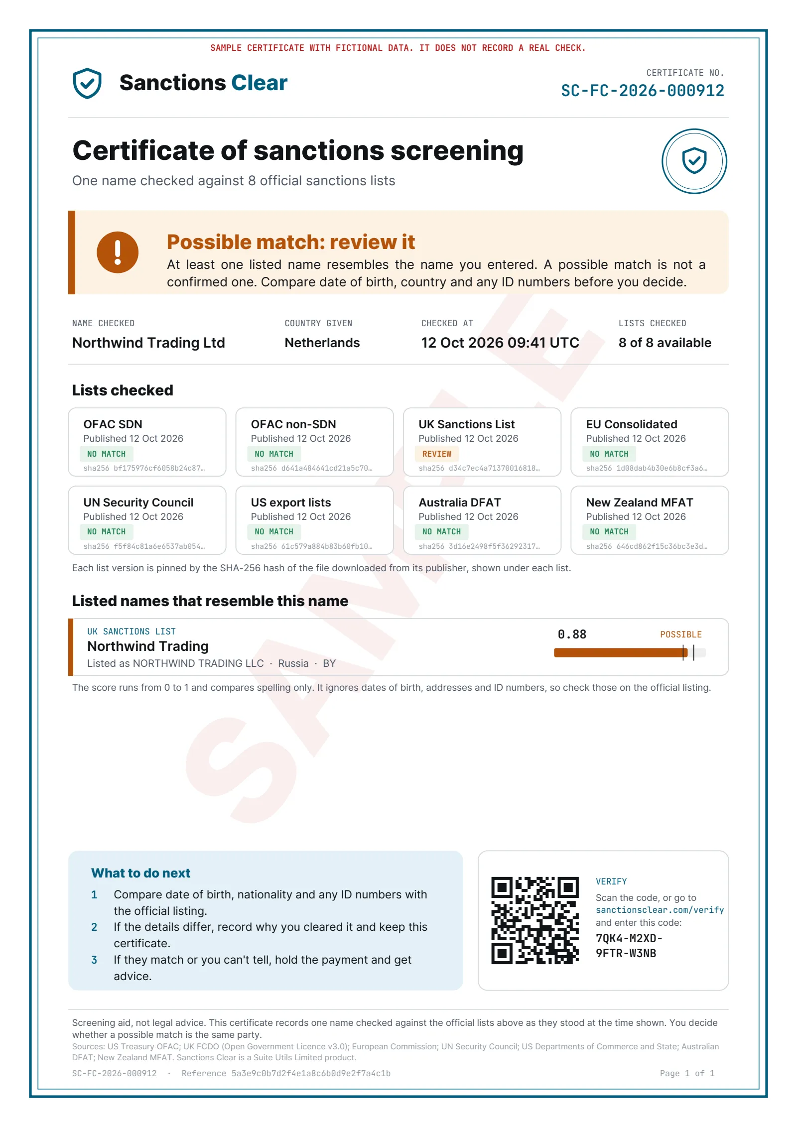 Sample Sanctions Clear certificate for Northwind Trading Ltd: possible match to review on the UK Sanctions List, eight lists checked, with a QR code to verify it.